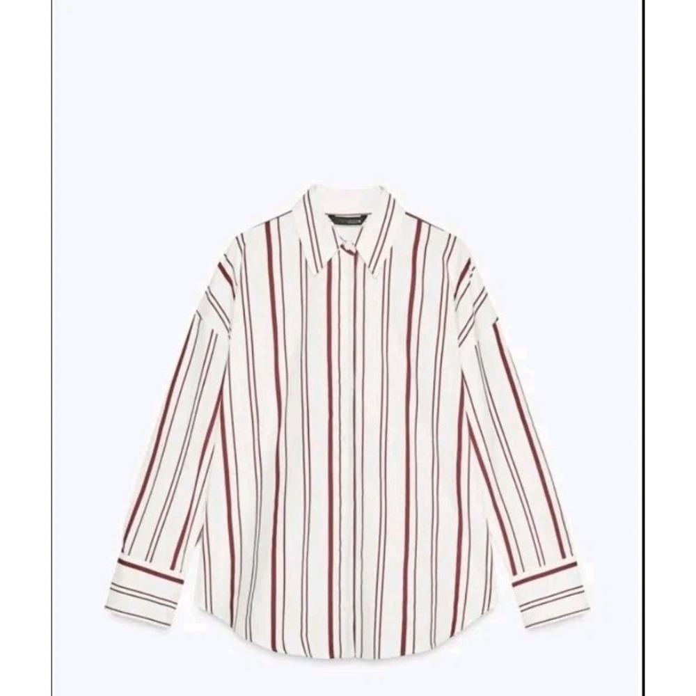 Zara Striped Button Down Relaxed Fit 100% Cotton Burgundy White Size M NWOT - Picture 7 of 9